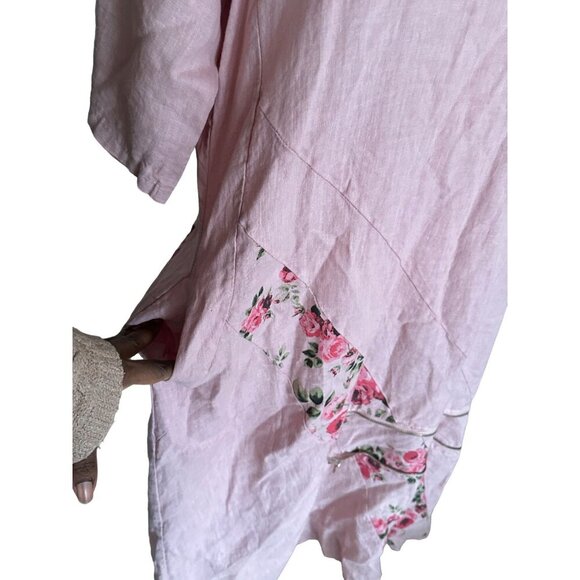 Lin Blanc 100% Linen Pink Floral Embellished Long Dress Lagenlook- Sz 46 Unique - Picture 10 of 10